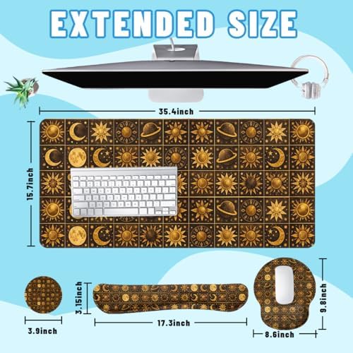Boho Celestial Desk Mat Set Sun Moon Star Vintage Astrology Mouse Pad with Wrist Rest 4in1 Desk Mat for Desktop Ergonomic Keyboard Wrist Support Anti-Slip Computer Mouse Pad Home Office Gaming - Image 2
