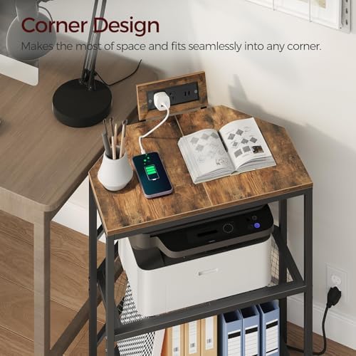 MAHANCRIS Corner Printer Stand with Charging Station, 3-Tier Large Printer Table with Adjustable Feet, Metal Frame Storage Shelf for Office, Living Room, Small Space, Rustic Brown PTHR14E01 - Image 6