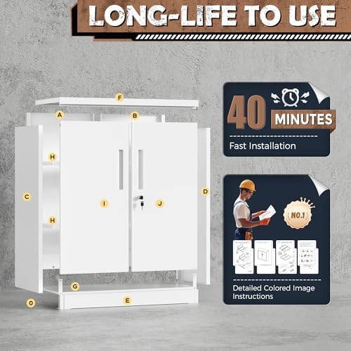 INTERGREAT Metal Garage Storage Cabinet, 36" Locking Counter Cabinet with 2 Locking Doors and 2 Adjustable Shelves, Small Steel Cabinet for for Home Office, Gym, School(White) - Image 3