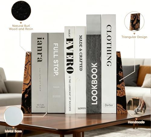 Pearlescent Black Resin Bookends, Burl Wood Book Ends for Shelves – Unique Decorative Book Supports for Study Office, Elegant Gift for Home Library (Pearlescent Black) - Image 6