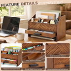 Wooden Desk Organizer with 7 Compartments and Drawer, Rustic Desktop Mail Organizer for Desk, Wooden Mail Sorter Organizer with Deep Pockets, File Holder and Sturdy Black Handle for Home Office-Brown - Image 3