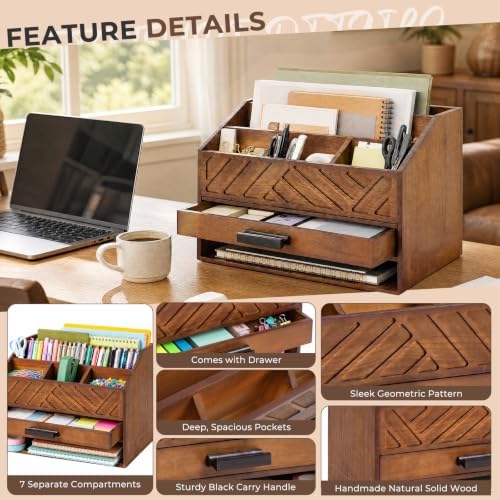 Wooden Desk Organizer with 7 Compartments and Drawer, Rustic Desktop Mail Organizer for Desk, Wooden Mail Sorter Organizer with Deep Pockets, File Holder and Sturdy Black Handle for Home Office-Brown - Image 3