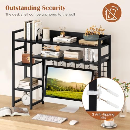 GIANTEX Desktop Bookshelf, 37" Desk Shelf for Up to 32" Computer Monitors, 4 Tier Desktop Display Shelves with Grid Panel, 6 Movable Hooks, Anti-tip Device, Desk Hutch for Home Office Dorm (Black) - Image 6