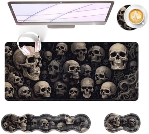 Large Keyboard Mouse Pad Set, Extended Mouse Pad+Keyboard Wrist Rest Support, Memory Foam Ergonomic Easy Typing, 4Pcs (31.5×11.8 in) Desk Pad Set for Office Home,Cool Skull by Unknown
