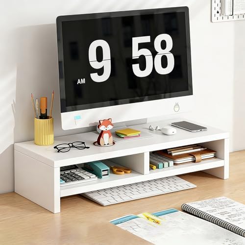 Solid Wood Monitor Stand Riser & Laptop Stand Desk Organizer - Office Accessories for PC Workspace, Computer Organization, Countertop Hutch White 19.7x7.9x5.2in with divider by Unknown