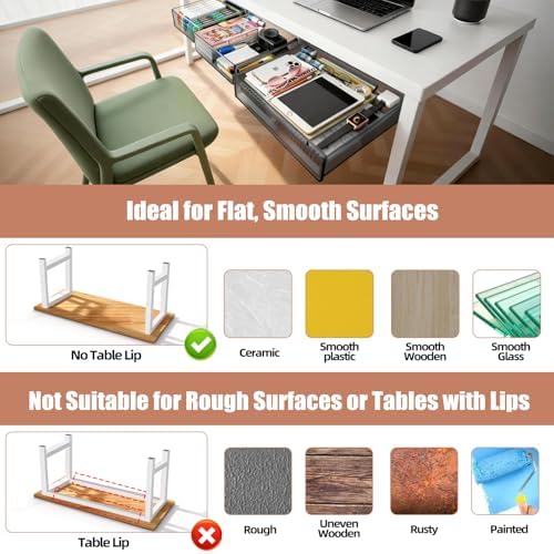3 Pack Under Desk Drawer Slide Out Storage Organizer, Transparent Black Hidden Desktop Drawer Attachment with 3 Sizes (S/M/L), Adhesive or Screw-Mount Table Tray for iPads, Journals & Desk Accessories - Image 5