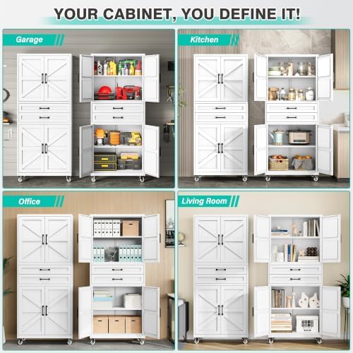 SISESOL White Metal Storage Cabinet with Wheels and Drawers,Rolling Garage Storage Cabinet with Doors and Adjustable Shelves,73" Mobile Tall Large Metal Tool Cabinets for Home,Office,Garage - Image 5