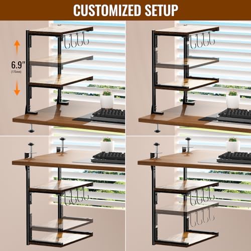 Clamp-on Desk Shelf, 13 inch Above or Below Desk 2-Tier Shelving, Adjustable Metal Storage Tray for Gaming Devices or Office Desk Accessories and More, Brown, Patent Pending - Image 4