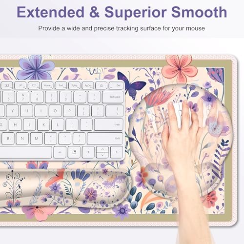 Cute Desk Mat, 4in1 Large Mouse Pad with Wrist Rest, Desk Matt for Desktop, Deskpad Mat, Anti-Slip XXL Computer Ergonomic Mousepad with Wrist Support for Keyboard and Mouse I Retro Purple Floral - Image 4