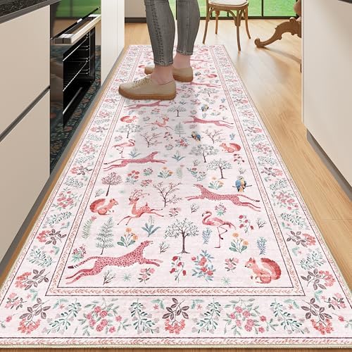 DUKINO 2.6x8 Rug for Hallway, Washable Kitchen Runner Rug Non Slip, Pink by DUKINO