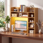 LDAILY Desktop Bookshelf with LED Lights, 35.5’’ Wooden Desk Shelf with 8 Cubes & 3 Adjustable Storage Shelves, 5-Tier Desk Hutch for Dorm College Office Computer Monitor Up to 25’’(Natural) - Image 2