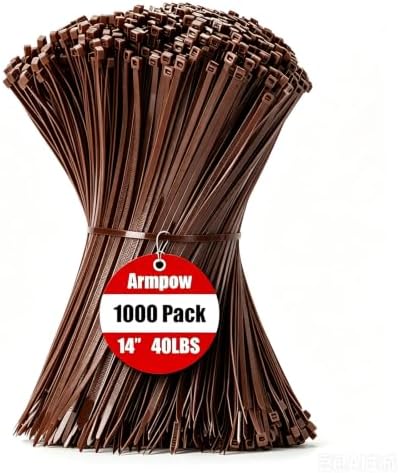 Armpow 14 Inch Zip Ties Brown 1000 PCS, 40 Lbs- Heavy Duty Tensile Strength, Nylon PA66 UV Resistant Cable Ties for Indoor and Outdoor Use - Ideal for object bundling and fastening by HighQualityTies