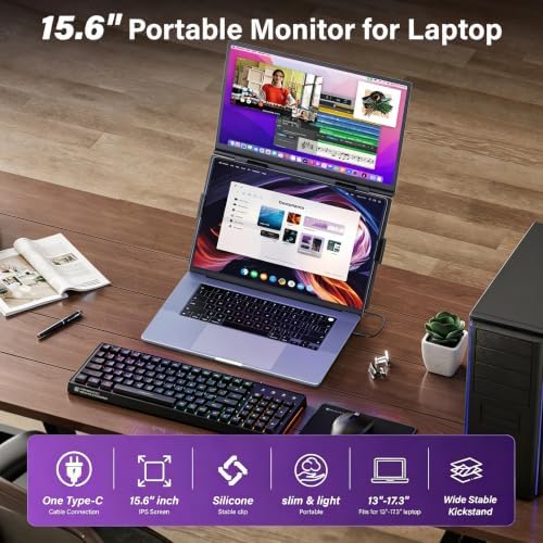 15.6" Laptop Screen Extender, FHD IPS Vertical Portable Dual Monitor, 0.16" Ultra-Slim One-Cable Plug & Play Travel Monitor Above Laptop Screen for 13-17" Laptops Compatible with Win/Mac/Android - Image 2