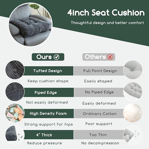 HIGOGOGO Tufted Corduroy Recliner Seat Cushion for Elderly, High Density Foam Large Square Seat Cushion for Recliner Chair, Floor Pillow, Office Chair, Car, No Pressure on Thighs, 20x20x4 - Image 6