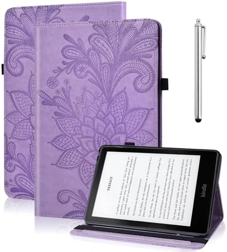 Case for Kindle Fire HD 10 & 10 Plus (13th/11th Generation, 2023/2021) 10.1", Embossed Lace PU Leather Flip Folio Tablet Case with Elastic Band & Card Slots/Holder, Multi-Angle Stand Cover, Purple by TUOLISG