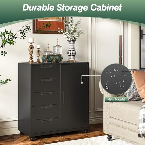 MIIIKO 5 Drawer Storage Cabinet with Door and Shelf, Mobile Lateral Cabinet on Wheels, Office Small Organizer Printer Stand, Black File Cabinets - Image 6