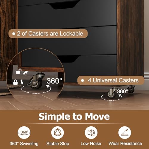 GIANTEX 7-Drawer Storage Cabinet, Mobile File Organizer with 4 Universal Casters, Wooden Vertical Filing Cabinet on Lockable Wheels for Office, Study, Living Room (19.5” x 16” x 34.5”,Brown+Black) - Image 6