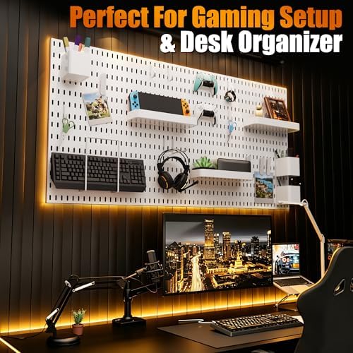 Pegboard Wall Organizer Set, 4 Pack 11"x11" No-Drill Peg Board Pannels with Hooks & Bins, Modular Wall Organization for Home, Office, Craft Room, Gaming Setup and Kitchen, White - Image 4