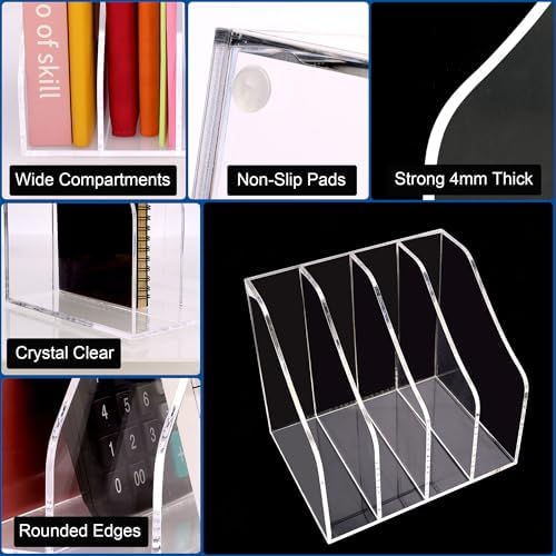 Febwind Clear Acrylic Vertical File Organizer, 4 Compartment Desk Organizer Magazine Holder, Thick Transparent Folder Rack for Documents, Books, Files for Office Home Classroom - Image 4