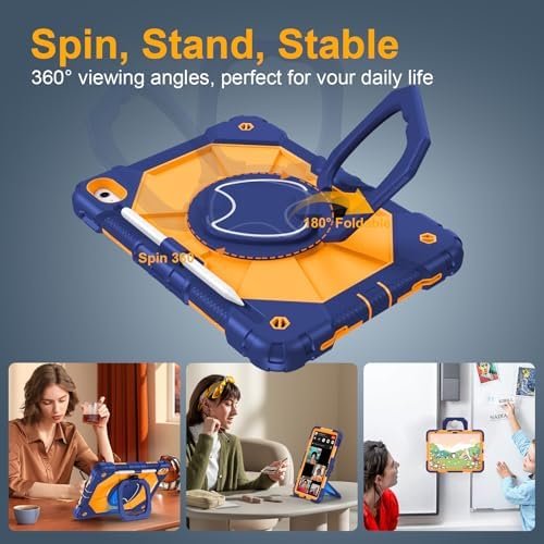 Case for iPad (A16) 11th/10th Generation 11/10.9 Inch 2025/2022, Ubearkk for iPad a16 case with Screen Protector, 360 Degree Rotating Stand Shoulder Strap Pencil Holder,Navy Orange - Image 5