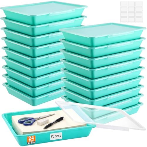 Tinlade 24 Pcs Classroom Paper Storage Bins with Lids, Teal, 13x10in by Tinlade