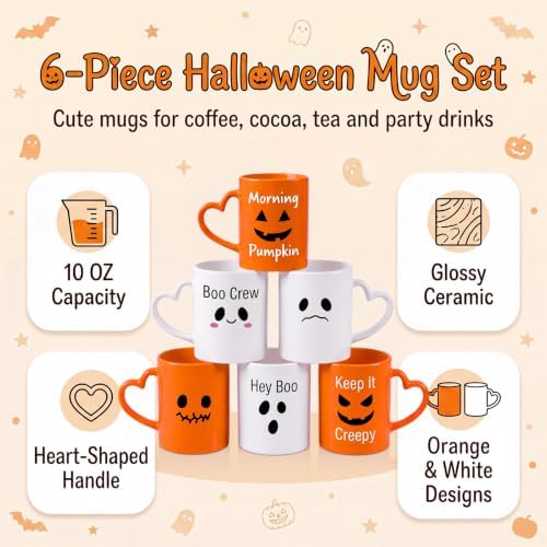 Pickmesh Halloween Coffee Mugs with Heart Handles, 6 Pack 10 Oz Cups - Image 3