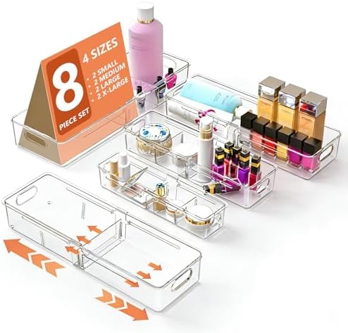 REBECAT 4-Size Expandable Drawer Organizer 8 Pack Plastic Storage Bins by REBECAT