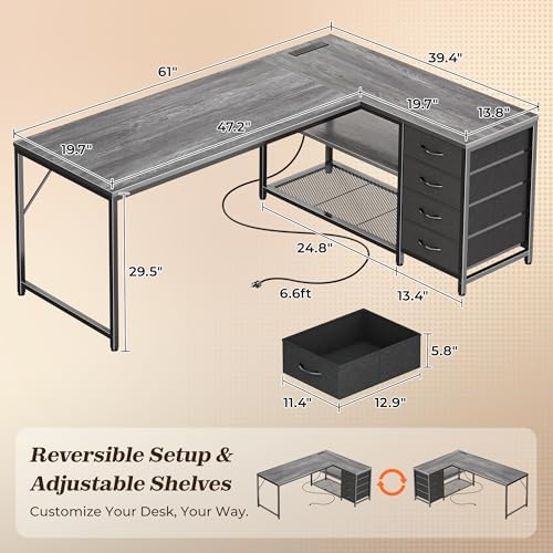 PRAISUN 61" L Shaped Desk with Power Outlets & 4 Drawers - Image 3