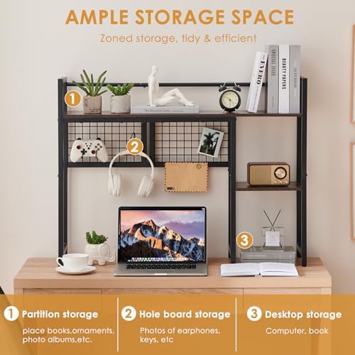 4-Tier Desk Hutch Shelf with Grid Panel, 39” Desktop Bookshelf for Monitor, Office & Home (Rustic Brown, 39") - Image 4
