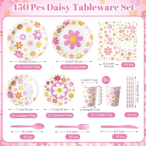 450 Pcs Tableware Set, Serve 50, Colorful, Groovy Daisy Flower - Image 3
