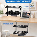 GarveeLife 1PC Adjustable 2-Tier Clamp-On Desk Shelf, Black Metal Over-the-Table Desk Organizer, Double-Layer Desk Storage Rack with Headphone Hooks for Home & Office - Image 3