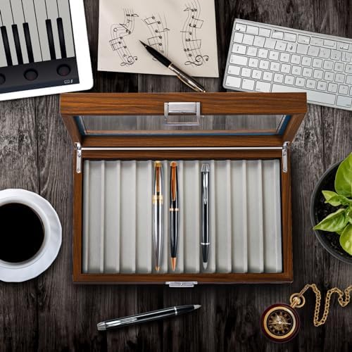 Yesland Black Walnut Wood Display Box, 12 Slot Fountain Pen Organizer With Clear Glass Window, Luxury Collection Case for Shop, Home - Image 4