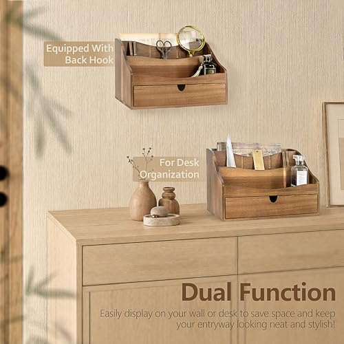 Rebee Vision Acacia Wood Mail Organizer for Desk with Drawer, Brown - Image 4