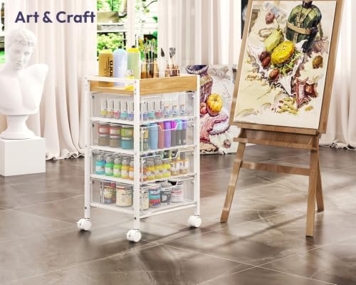 SWTYMIKI Rolling Cart with Drawers - Under Desk Storage Cart with Wheels, 4 Metal Drawers, Wood Top, Utility File Cart for Office Organization, Art, Craft, Classroom, Kitchen, Bedroom White - Image 7