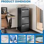 BYNSOE 3 Drawer File Cabinet with Lock Metal Vertical File Cabinet Office Home Narrow File Cabinet for A4 Legal/Letter Size,Assembly Required (Black, 3 Drawers-Vertical) - Image 3
