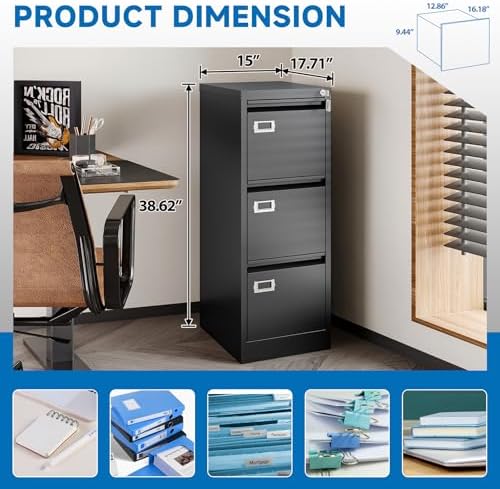 BYNSOE 3 Drawer File Cabinet with Lock Metal Vertical File Cabinet Office Home Narrow File Cabinet for A4 Legal/Letter Size,Assembly Required (Black, 3 Drawers-Vertical) - Image 3