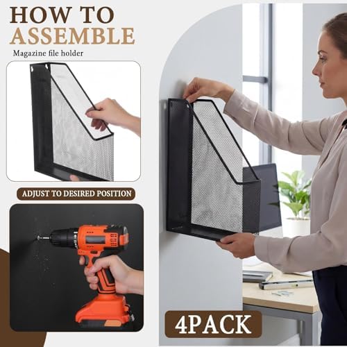 Sliner 4 Pack Metal Magazine Holder Black Mesh Steel Document Rack 1 Section File Organizer Extra Wide Magazine Folder Storage Desk Tidy for Office Home, 12.6”x 9.8”x 3” - Image 3