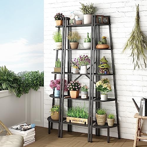 Hoctieon Corner Shelf, 5-Tier Corner Bookshelf, Rustic Ladder Shelf, Industrial Display Stand for Living Room, Kitchen, Home Office, Balcony, Small Space, Metal Frame, Black - Image 4