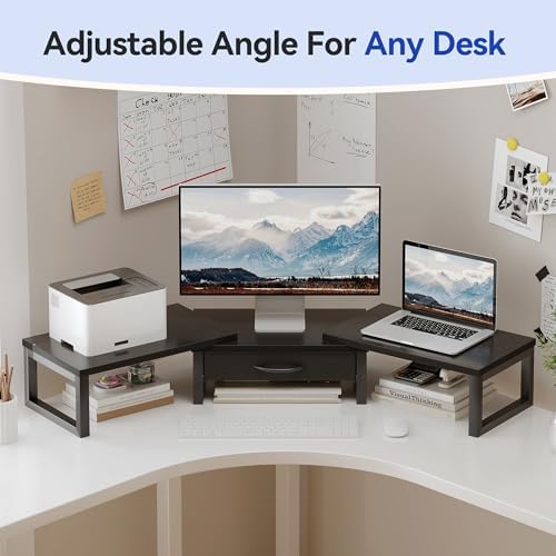 Dual Monitor Stand Riser, Desk Organizers and Accessories with Drawer, Computer Monitor Stands for Desk, Adjustable Desktop Shelf for PC Laptop Printer TV, Black - Image 5