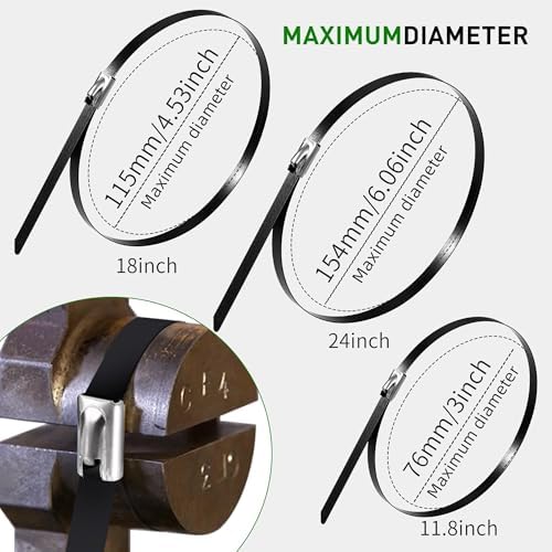 Metal Zip Ties 200 Pack 18 Inch, 304 Stainless Steel 300LBS Heavy Duty Zip Ties Black - Self-Locking Cable Ties for Exhaust Wrap，Chain Link Fence Parts, Outdoor Farms,Pipes - Image 6