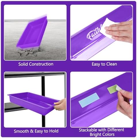ShineMe 6 Pack Paper Trays for Classroom, Purple Plastic Book Bins with Colorful Labels, Stackable Letter Size Storage Tray, Desk Organizer Tray for Home, School and Office - Image 3