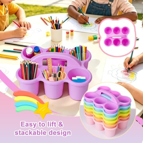 6 Pack Stackable Classroom Caddy with Handle, Pastel Multicolor - Image 4