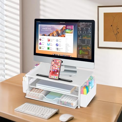 AUPSEN White Monitor Stand Riser, 2-Tier Wood Computer Desk Organizer with Drawer, Pen Storage & Phone Holder, Office Desk Accessories Desktop Organizer for Office Supplies (White) - Image 5