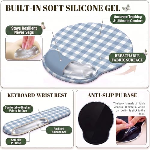 Blue Gingham Scalloped Desk Mat Set,Mouse Pad with Gel Wrist Rest,Ergonomic Keyboard Wrist Support for Women Non-Slip Desk Pad Home Office Decor - Image 5