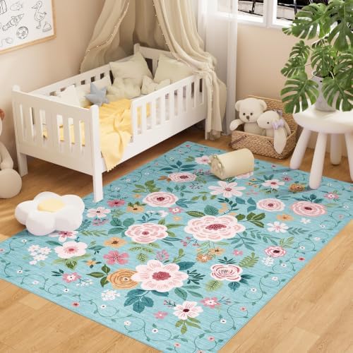 DUKINO 4x6 Area Rug, Floral Washable Rug Non Slip Office Chair Mat, Teal - Image 3