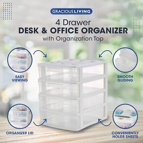 Gracious Living 4 Drawer Desktop & Countertop Organizer w/Organization Lid for Craft Storage, Office Supplies & School Supplies, White/Clear (3 Pack) - Image 4