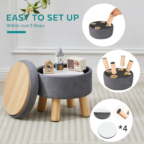 Small Foot Stool Ottoman with Storage, Velvet Ottoman Foot Rest for Couch, Round Footstool with Storage, Small Ottomans and Footstools for Living Room and Entryway (Gray) - Image 4