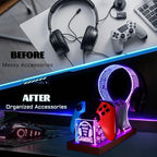 YuanDian Gamer Gifts for Teenage Boy, Can't Hear You I'm Gaming Headset and Controller Stand, Acrylic Wooden Controller Holder with Blue Pink LED Night Light, Desk Decor Gift - Image 4