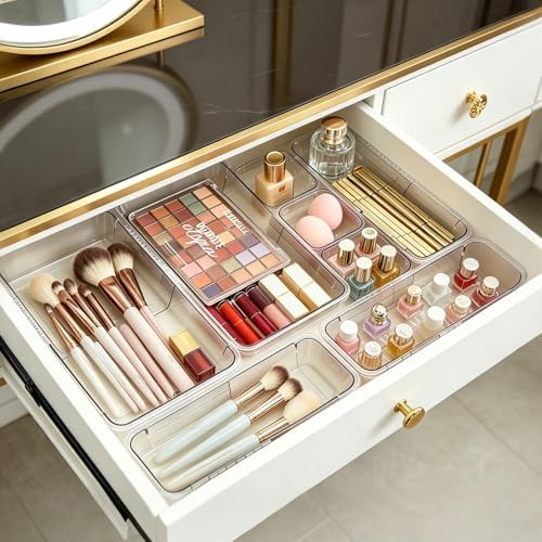 14 PCS Clear Expandable Drawer Organizer Trays for Bathroom & Vanity Drawer - Image 2