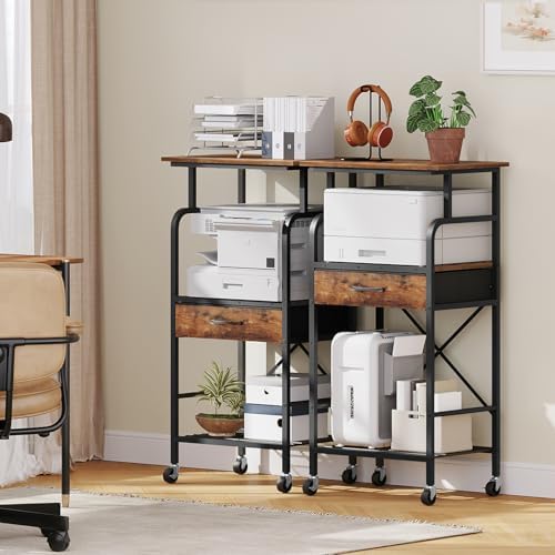 MAHANCRIS Tall Printer Stand, 3 Tier Printer Cart with Storage, Industrial Printer Table on Wheels, Adjustable Shelf & Fabric Drawer, for Home Office Study Rustic Brown PTHR5401 - Image 2